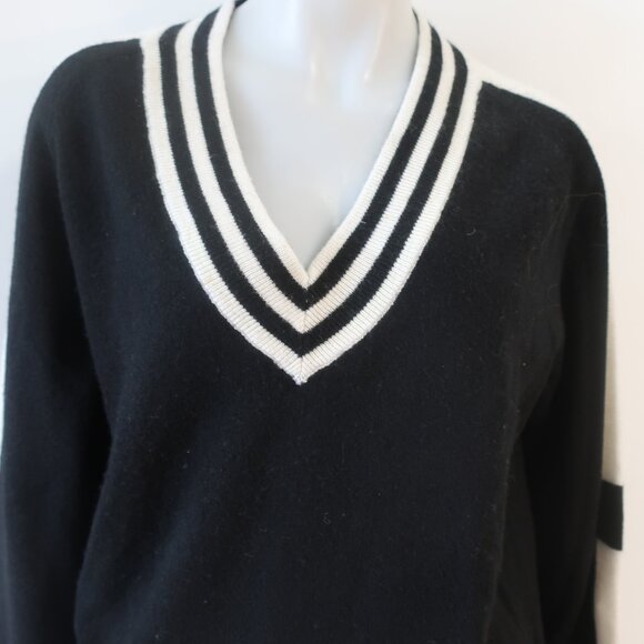 Womens Brodie Fine Cashmere Black White Varsity Stripe V-Neck Pullover Sweater M - Picture 3 of 11